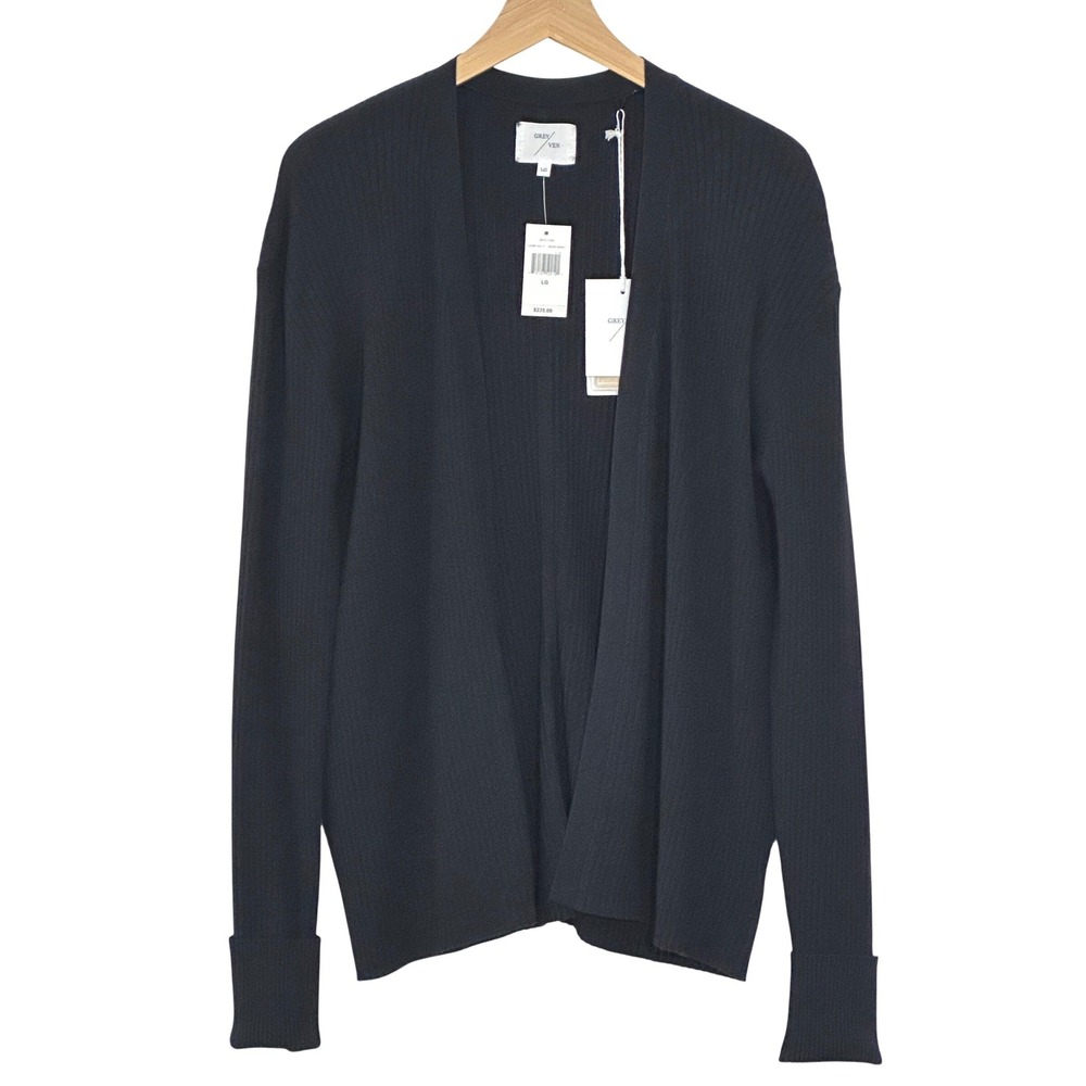 GreyVen Women Sweater L Grant Ribbed Open Cardigan Navy Minimalist Quiet Luxury